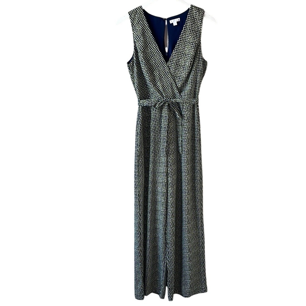 Leith Women's Surplice V Neck Wide Leg Jumpsuit Size Small‎ Yellow Blue White